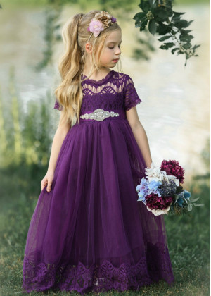 Short Sleeve Eggplant Lace Tulle Floor Length Flower Girl Dress Short Sleeve Eggplant Lace Tulle Floor Length Flower Girl Dress